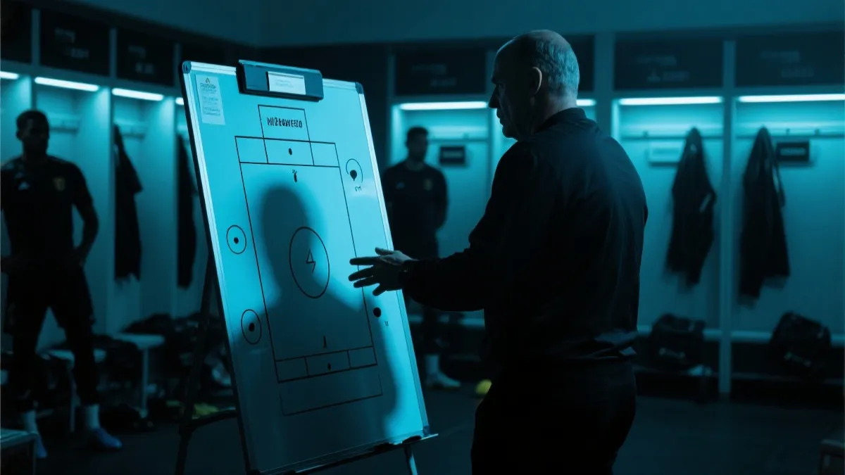 战术板与球员剪影，世界杯决赛赛前布置，纪实与电影光影